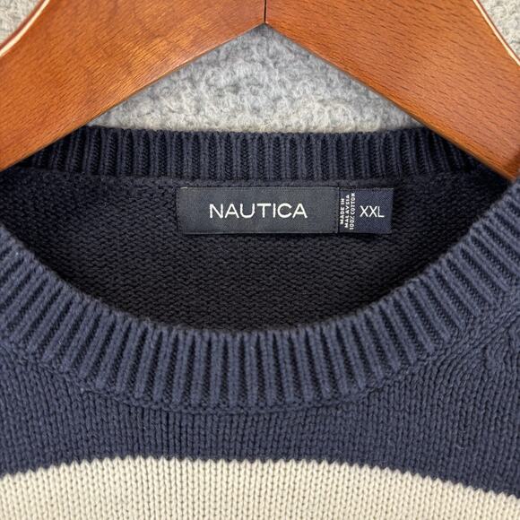 NAUTICA Sweater Mens XXL Blokecore Preppy Old Money Navy Striped 100% Cotton - Picture 6 of 11